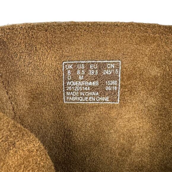 Clarks Malvet Doris Brown Suede Boots 8.5 Moto Buckle Stacked Heel Ankle Fall - Picture 7 of 7